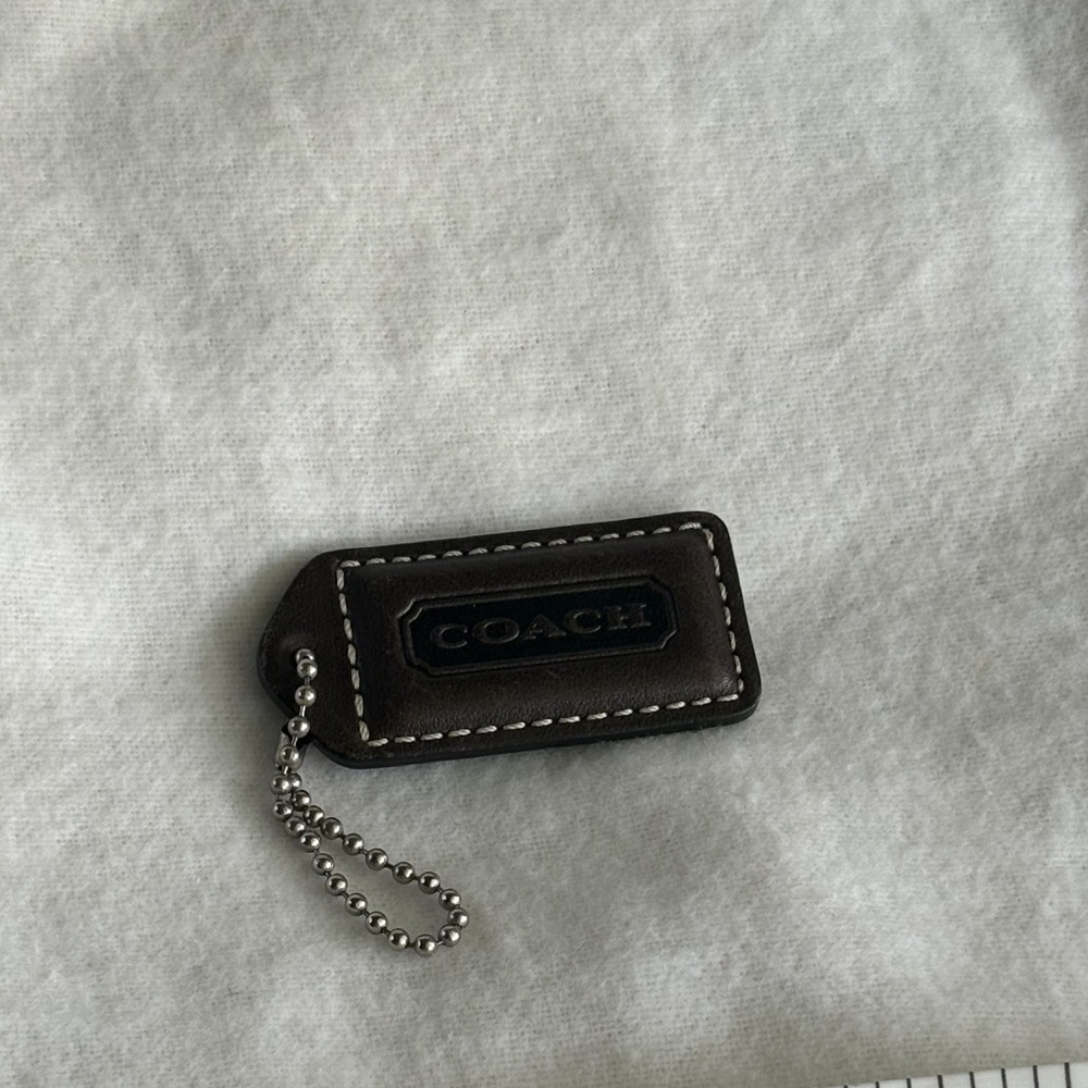 COACH 2.25" Hang Tag Fob Bag Charm Dark Brown Leather, Silver Ball Chain